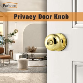 Probrico Gold Interior Door Knobs for Bedroom Bathroom, Polished Brass Privacy Door Knob Keyless Door Lock with Round Ball Knob, 4 Pack