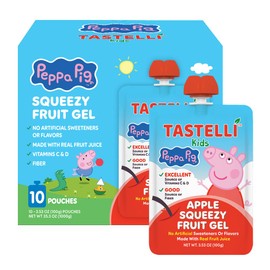 Tastelli Peppa Pig Kids Squeezy Fruit Gel – Apple Flavor – No Artificial Sweeteners or Flavors, Made with Real Fruit Juice, Fiber-Rich Prebiotic Gut Support, Vitamins C & D, Vegan, Gluten-Free - 10 Count