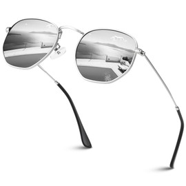 Sunier Sunglasses Women Men Polarised Fashion Apace Polygon Sunglasses Women, Ultralight Hexagonal Metal Frame 100% UV400 Protection, Silver frame silver mirrored lens