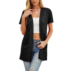 QIXING Summer Women's Lightweight Short Sleeve Cardigan for Women Breathable and Sun Protection Spring Autumn Cardigan Women, C01 Black