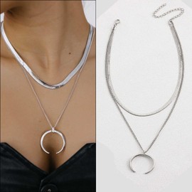 Wendalern Multilayer Snake Chain Necklace Silver Herringbone Choker Necklace Boho Crescent Moon Pendant Necklace Petite Double Horn Crescent Moon Necklaces Jewellery for Women Girls