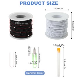 2 Rolls Elastic Cord 1mm x 50M, Black & White Round Hat Elastic With scissors and leads, Beading and Crafting Elastic Cord, Beaded Nylon Cord Stretchy Cord for Bracelet Jewelry Making