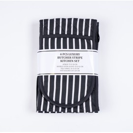 Double Oven Gloves Set with Apron Heat Resistant Oven Mitts for Home Kitchen Baking and Cooking, Butchers Stripe Pot Pan Tray Double Oven Gloves Set (Black)
