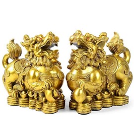 AMTOOCH Feng Shui pi yao Brass Statue a pair Wealth pixiu sculpture Golden Home Decoration Figurine,Attract money and Good Luck