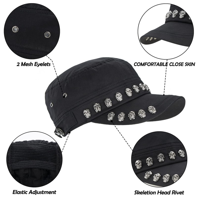 Men Women Soft Washed Cotton Skull/Skeleton Studded Punk-Army-Cap Cadet Cap