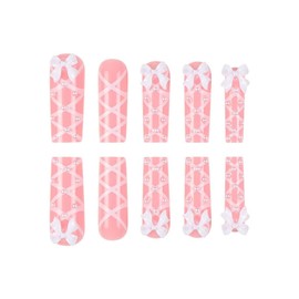 Foccna Pink Press on Nails Artificail Extra Long, French Square Fake Nails, Pearl Nails Acrylic for Women Reusable Nail Kit Adhesive Tabs Nail File 24pcs