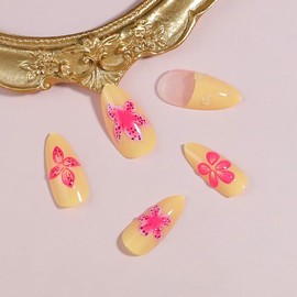 Spring Hibiscus Press on Nails Almond Medium Fake Nails with 3D Designs Flowers Acrylic Nails Pink Yellow Gradient False Nails Full Cover Glossy Stick on Nails for Women 24Pcs