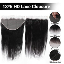 Filelf 13x6 Closure Human Hair,Silky Skinlike Real Hd Lace Free Part Natural Hairline Clean 100% Human Hair Frontal Pre-Plucked Straight Natural Black 18 Inch