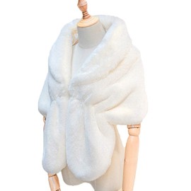 Fashowlife Faux Fur Cloak Shawl Fur Scarf Warm Wrap Stole Shrug Autumn Winter For Wedding Party (White Shawl, Plus Size)