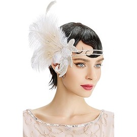 BABEYOND Art Deco 1920s Flapper Headpiece Roaring 20s Great Gatsby Feather Headband 1920s Flapper Gatsby Accessories (Off-white2)