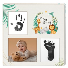 ACT SHOP Baby Milestone Book,Safari Animals Baby Keepsake Journal, Baby Memory Book, Set Inkless Hand And Footprint, Baby Books For Parenst Keepsak, Baby Scrapbook Unisex, Sand Linen, 10 * 10 inches