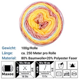 Maxee Gradient Yarn 100 g, 250 Mete Cupcakes Bobbel, Multicoloured Gradient Crochet Yarn, Hand Knit, Crochet, Cotton Knitting Yarn for Jumper Hats