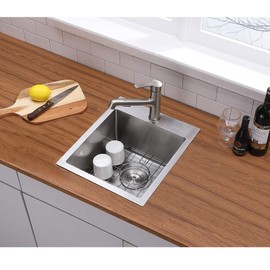VALISY 15 x 15 Inch SUS304 Stainless Steel Square Topmount Drop-In Small Kitchen Bar Sink，Single Basin Sink for Wet Bar Prep RV Yard Office Laundry Utility with Dish Grid & Drain & Roll-up dishrack
