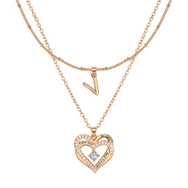 Lydreewam Rose Gold Layered Heart Necklaces for Women, Dainty Layering Heart Initial Letter V Necklaces with Cubic Zirconia, Adjustable Chain Necklaces Jewelry Gift
