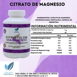 Citrato de Magnesio bote con 120 cápsulas 100% Puro. 500 mg