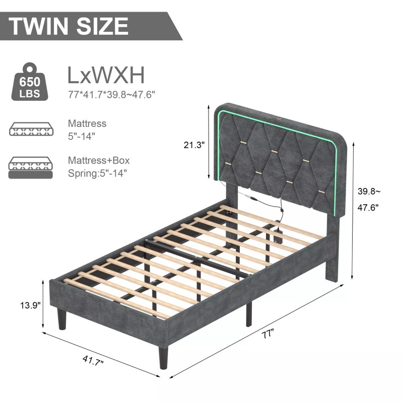 Vecelo LED Light Queen Full Twin Bed Frame with USB