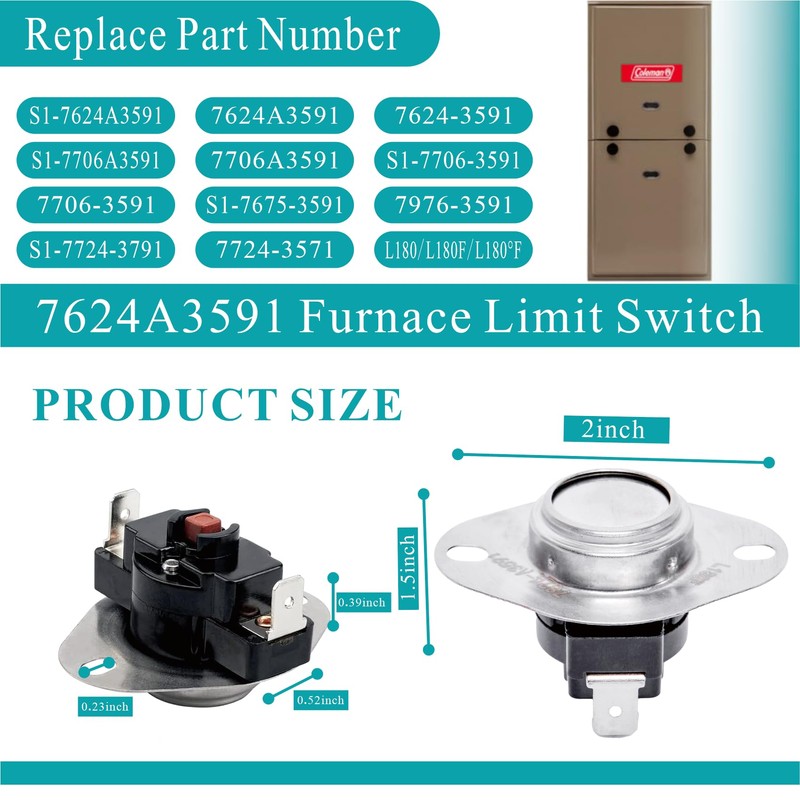 Upgraded 7624A3591 Furnace Limit Switch Compatible with Coleman Furnace Replacement