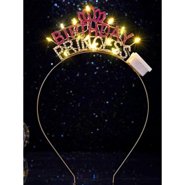 DRESBE Light Up Birthday Headband LED Rhinestone Birthday Princess Tiara Crown Headbands Party Hair Accessories for Women (Gold and Rose Red)