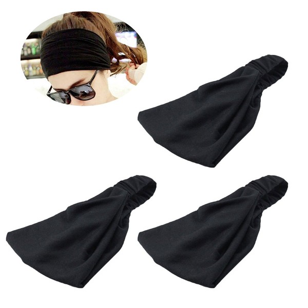 Frcolor 3 Pieces Headphones Sports Cotton Elastic Headband Hair Sweating for applying the Women & Yoga (Black)