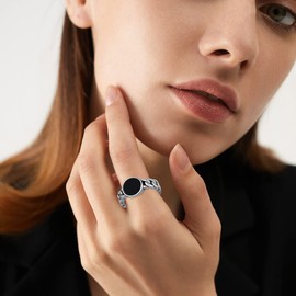 925 Sterling Silver Vintage Round Cut Natural Black Onyx Adjustable Ring Casual Jewelry Gifts for Women