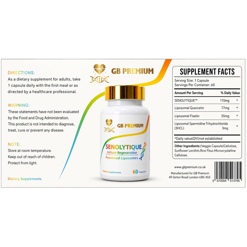 GB Premium Senolytique Supplement, Quercetin, Fisetin and Spermidine,Powdered Liposomes, 60