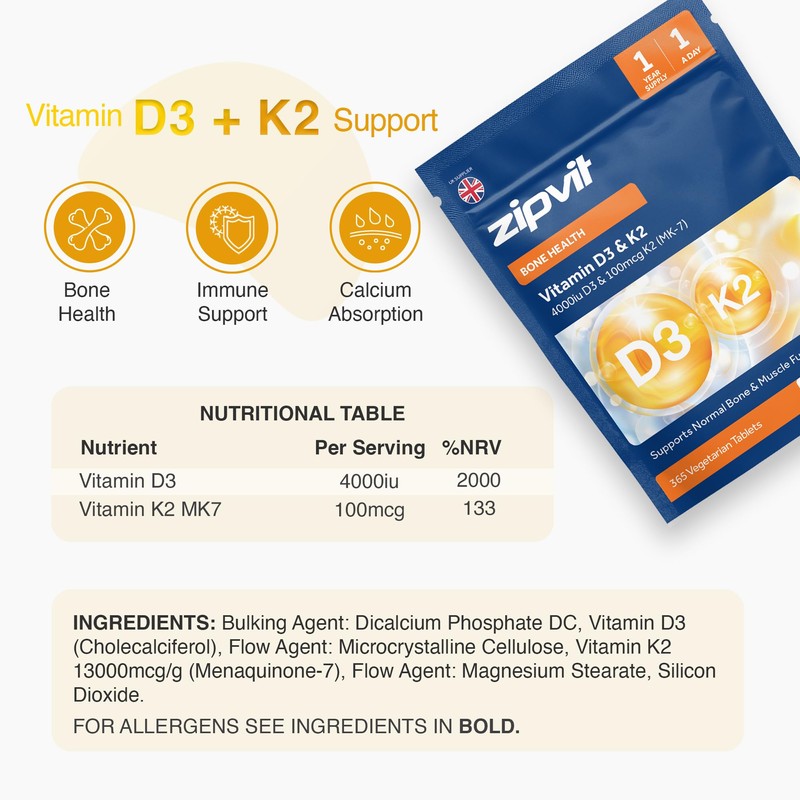 Zipvit Vitamin D3 4000 iu & Vitamin K2 MK7 100μg,