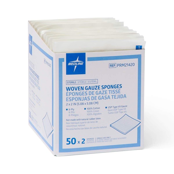 Medline Gauze Sponge, Woven, Sterile, for Wound Dressings or Packing, Sealed, Easy Open, Minimum Loose Strings or Threads, 2" x 2", 8-Ply (Pack of 3000)