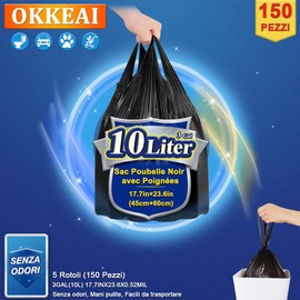 OKKEAI 150 kleine Müllbeutel mit Griff – Müllbeutel 10 l (45 x 50 cm) schwarz, robuste Müllbeutel | reißfeste und wasserdichte Müllbeutel für Küche, Bad