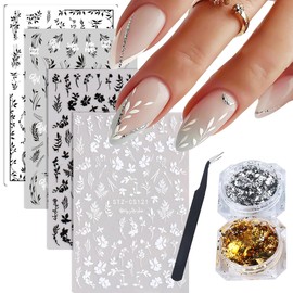 White Black Floral Leaf Nail Stickers Decals 3D Self-Adhesive Flower Stickers Gold Silver Glitter Flakes Holographic Irregular Aluminum Foils Paillette for DIY Nail Art Decorations Accessories