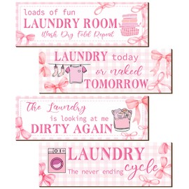 Rossesay 4 Pieces Laundry Room Decor Wooden Funny Sign Wall Plaque Pink Bow Bathroom Laundry Rules Hanging Decor