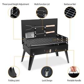 KOCASO Portable Charcoal Grill, Outdoor Barbecue Grill, Foldable Camping BBQ Suitcase Grill for Outdoor Camping Picnics Backyard Garden Beach Patio Grilling, 16.7x10x17.7in, Black