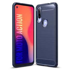 SCL Moto One Action Case, Carbon Fiber Effect Gel Grip Protection Cover [Anti Scratch][Anti Collision] Compatible with The Moto One Action [Blue]