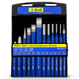 S&R Chisel, Pin Punch and Center Punch Set, 12-Piece Set, Chrome Vanadium Steel, Hardened, in Sturdy and Compact case