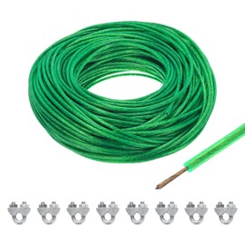 MECCANIXITY 4mm (5/32 inch) Green Vinyl Coated Galvanized Steel Wire Rope, 60m /197ft with 8 M5 Loop Sleeves for String Light Hanging, Deck Railing, Garden Wire
