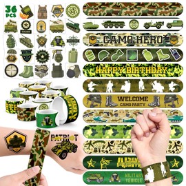 BOIKOKY 60 PCS Army Party Favors Set - 36 Temporary Tattoos & 24 Slap Bracelets for Kids, Perfect for Army-Themed Birthday Supplies, Classroom Rewards and Military Party Decorations
