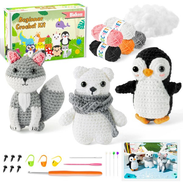 BWkoss Crochet Kit for Beginners, Polar Animal Crochet Starter Kit for Adults Kids Fox Penguin Polar Bear DIY Yarn Knitting Craft Supplies with Step-by-Step Video Tutorials for Knitting Enthusiast