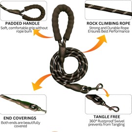 REEDEEMIT 5 FT Long, Heavy Duty Dog Leash with Padded Handles and Highly Reflective Bands for Small, Medium and Large Breed with Swivel Lockable Hook for Walking and Hiking (Black, 5 FT-1/3)