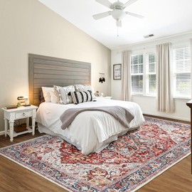 XSIVOD Living Room Rug 6x9 Washable Large Area Rugs for Bedroom, Non Slip Vintage Carpet for Dining Room Kitchen, Soft Low Pile Floral Accent Floor Carpet for Kids Playroom, Home Office, Red-Orange