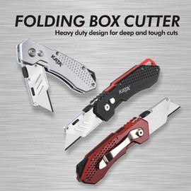 KATA 3-Pack Heavy Duty Box Cutter Folding Utility Knife With Zinc Alloy Body, Quick Change Blades, Lock-Back Design, Extra 12pc Blades For Cartons, Cardboard and Boxes
