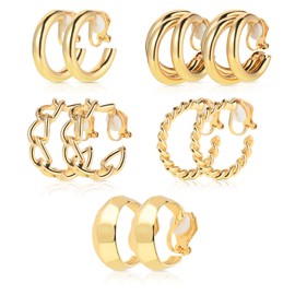 TIESOME 5 Paar Gold Ohrclips für Damen, Kein Ohrlöcher Vergoldet Clip Ohrringe Gold Chunky Creolen Set Twist Knot Clip on Ohrringe Fake Ohrringe Set Modeschmuck Geschenk Hypoallergen (Stil 1)