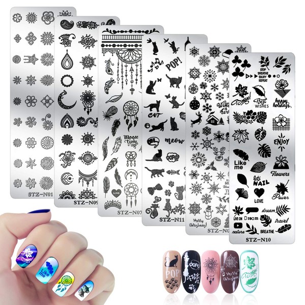 Mwoot Nail Stamping Plate, 6 Pieces Nail Art Plates Nail Stamping Manicure Tool Kit, Feather Cat Christmas Snowflake Nail Stamping Stencils