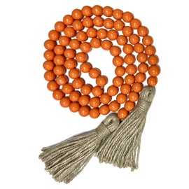58in Wood Bead Garland with Tassels,Farmhouse Beads Rustic Country Decor Prayer Boho Beads Wall Hanging Decoration (Orange)
