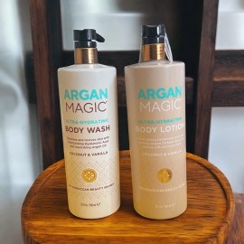 Argan Magic Ultra Hydrating Coconut & Vanilla Body Wash + Lotion Set–32 oz Each