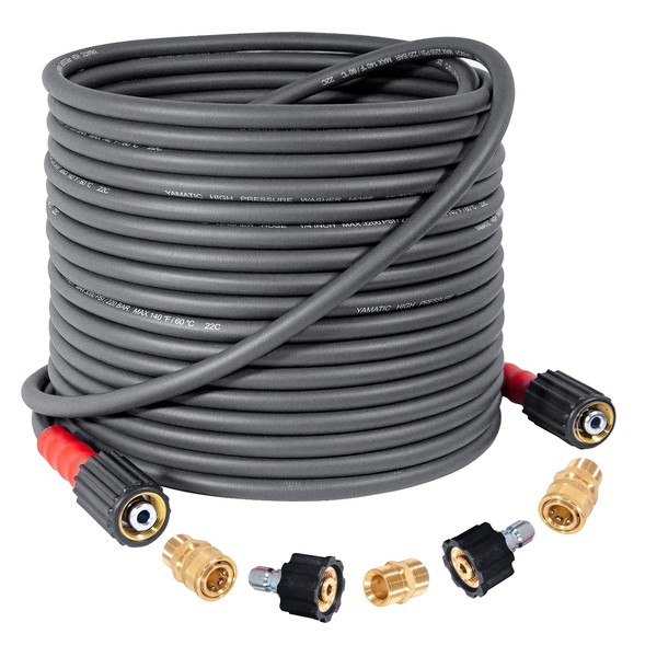 YAMATIC Super Flexible Pressure Washer Hose 50FT X 1/4", Kink Resistant 3200 PSI Heavy Duty Power Washer Extension Replacement Hose With M22-14mm x 3/8" Quick Connect Kit For Gas & Electric, Grey