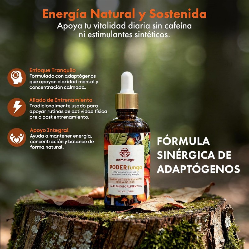 PoderFunga - Tintura Adaptógena de Doble Extracción Cordyceps, Reishi, Melena