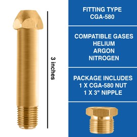KOLIBROX CGA-580 Nut & 3" Nipple - Regulator Inlet Bottle Fitting for Helium Argon Nitrogen - Brass Construction Threaded Design - Perfect for Gas Cylinders & Welding | 3"x1/4 NPT