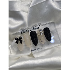 Black Ribbon Syrup Glitter Nail Handmade Nail Tip - Almond / 블랙 리본 시럽 글리터네일 수제네일팁 - 아몬드
