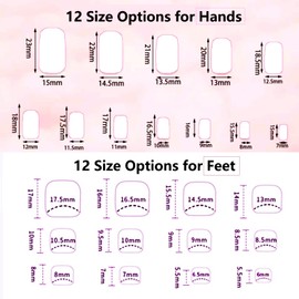 ZyWovyn Hand & Toe Press on Nails Kit Fake Nails Short Square White Press on Nails Toenails Reuseable Press Ons Set 12 Sizes for Women Girl Gift 48PCS