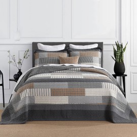 DDUOXIN 100% Cotton King Bedspread 120" W x120 L - Lightweight Oversized Quilt with 2 Pillow Shams, Farmhouse Stripe Reversible Bedspreads, Gray/Beige/Brown/Black