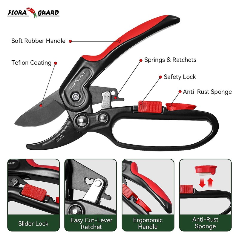 FLORA GUARD Ratchet Pruning Shears, Gardening Shears, Pruning Shears, Raw
